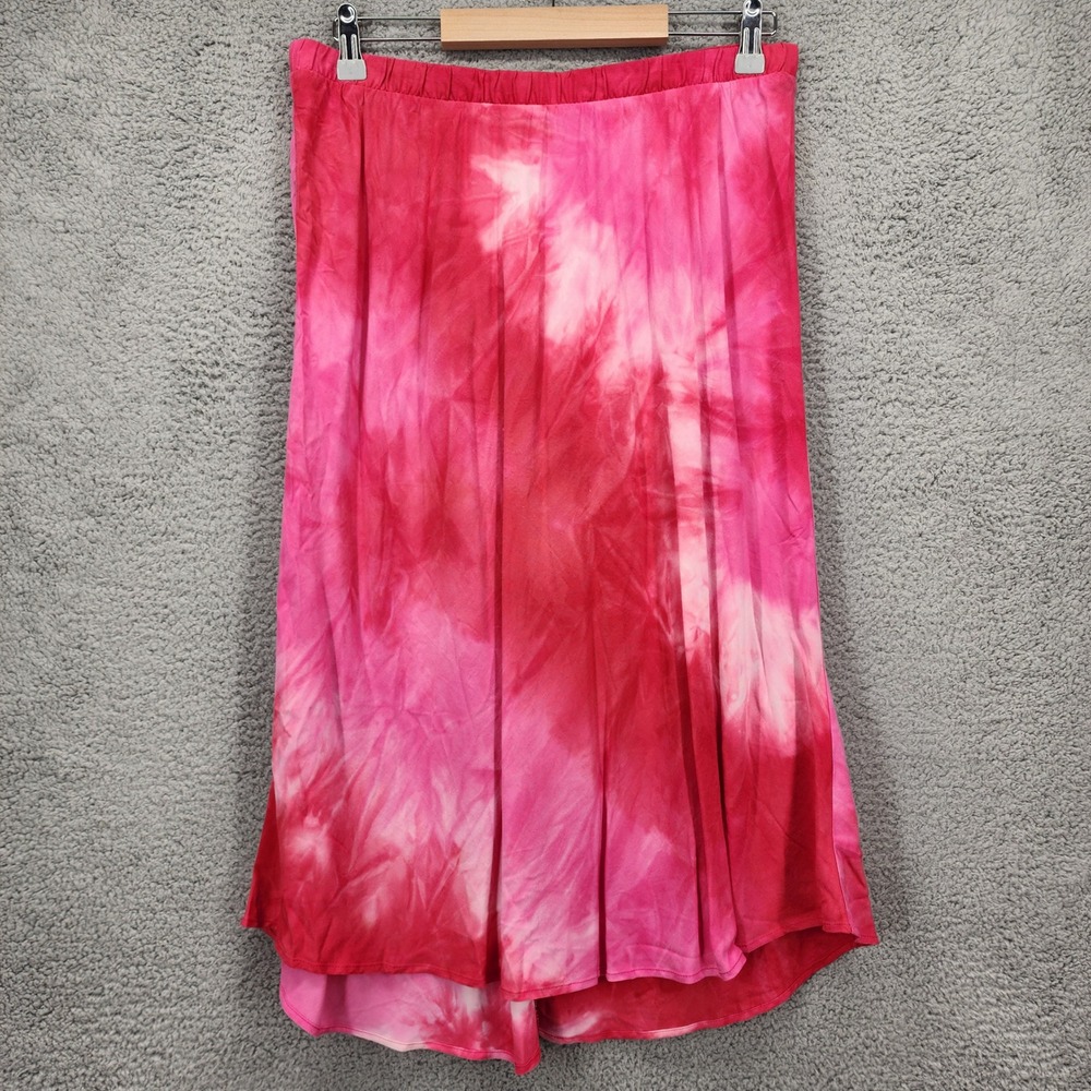 DREW Tie Dye Pink Red Hi-Lo Midi Skirt Size Large Elastic Waist Viscose Made USA